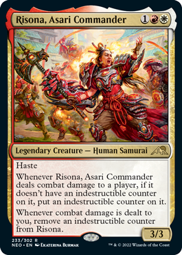 Risona, Asari Commander
 Haste
Whenever Risona, Asari Commander deals combat damage to a player, if it doesn't have an indestructible counter on it, put an indestructible counter on it.
Whenever combat damage is dealt to you, remove an indestructible counter from Risona.